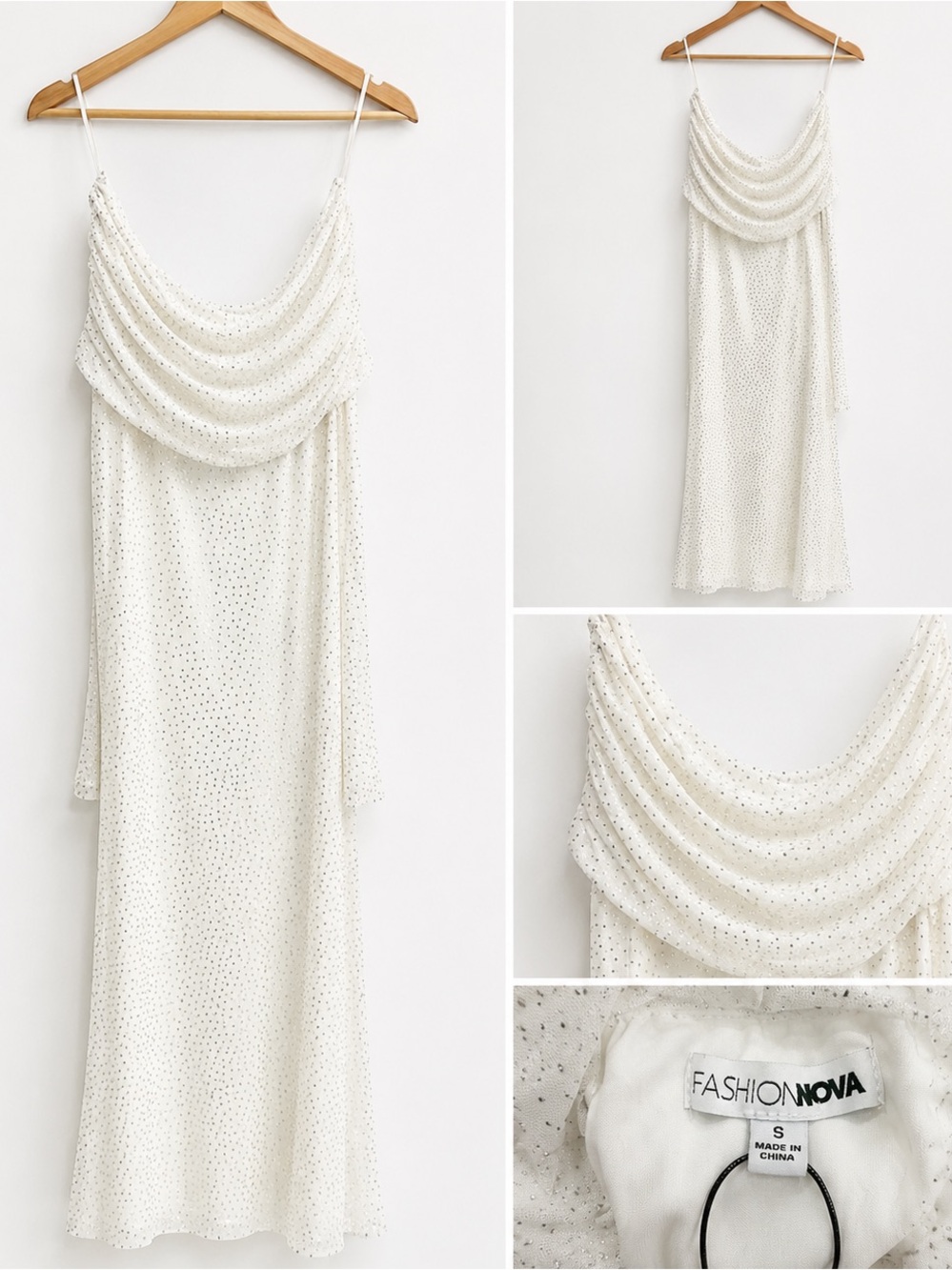 Fashion Nova Ivory Cowl Neck Maxi Slip Dress with Sparkle
